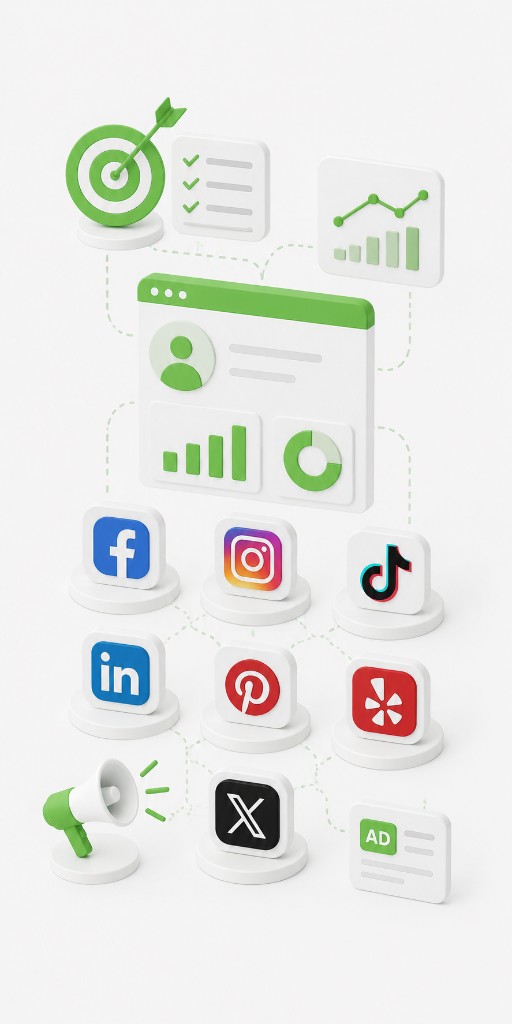 Social media advertising deliverables — strategy, analytics, Meta, TikTok, LinkedIn, Pinterest, Yelp and X advertising